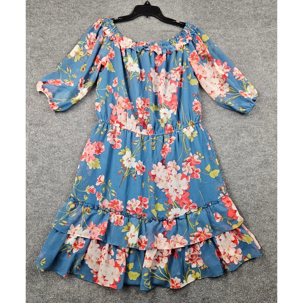 Roz & Ali Blue Floral Off The Shoulder Boho Tiered Ruffle Chiffon Dress Large